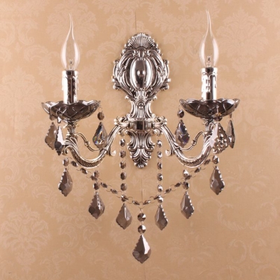 Embroidery Grey Fabric Shade and Crystal Dropsa Accented Sophisticated Two-light Wall Sconce Creating Glamorous Look
