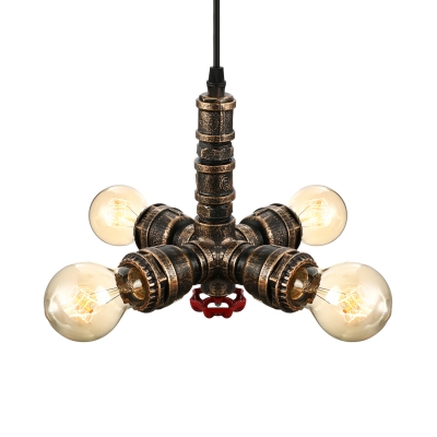 Industrial Bare Edison Bulbs Chandelier in Rust Finish with Valve Accent, 4 Lights