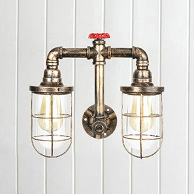Retro Style Wire Guard Sconce Light Iron 2 Heads Wall Mount Light in Aged Bronze with On/off Switch