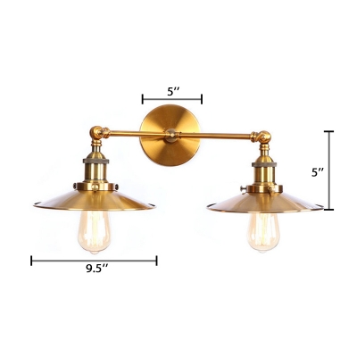 Shallow Round Flared Sconce Light Retro Style Iron 2 Bulbs Wall Lamp in Brass Finish