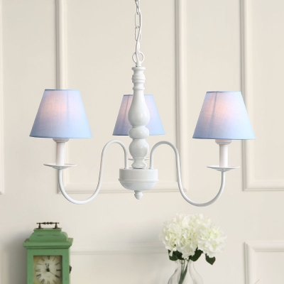 White Finish Cone Hanging Lamp Retro Style Fabric Shade 3 Lights Decorative Chandelier Light