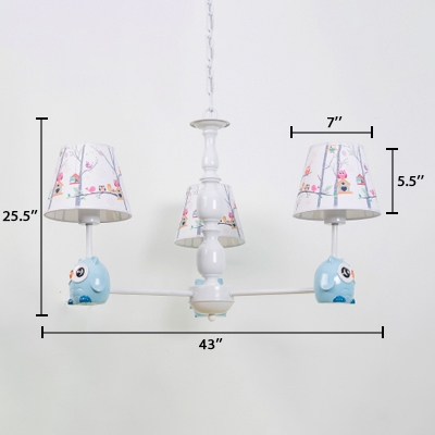 White Finish Cone Hanging Lamp with Owl Design Fabric Shade 3/5 Lights Suspension Light for Kids