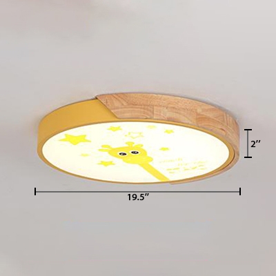 Yellow Round Ceiling Fixture with Giraffe Macaron Metal LED Flush Mount Light for Boys Girls Bedroom