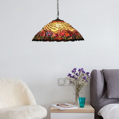 18-Inch Wide Tiffany 2-Light Pendant Light with Floral Pattern Glass Shade in Multicolored Finish