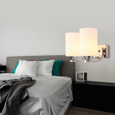 2 Heads Cylindrical Wall Lighting Minimalist Frosted Glass Wall Lamp in White for Bedside