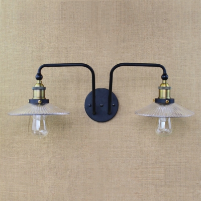 2 Heads Scalloped Sconce Light Industrial Metallic Wall Light Fixture in Aged Brass for Staircase