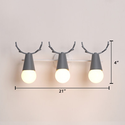 3 Heads Bare Bulb Wall Light with Antler Baby Kids Room Rotatable Metallic Wall Sconce in Blue/Gray