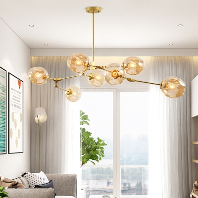 7 Light Branching Chandelier Designers Style Cognac Glass Ceiling Lamp in Gold for Studio