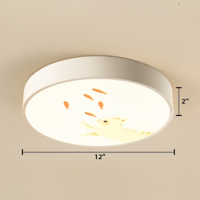 Drum LED Ceiling Lamp with Lovely Cat Design Contemporary Children Bedroom Acrylic Flush Mount in White