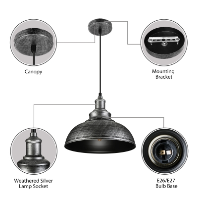 Industrial Pendant Light with Antique Silver and Black Metal in Dome