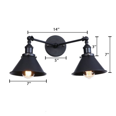 Metallic Armed Lighting Fixture with Cone Shade Simplicity 2 Lights Wall Mount Light in Black Finish