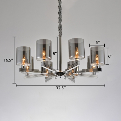 Multi Light Cylinder Chandelier Light Contemporary Smoke Glass Hanging Light for Bedroom