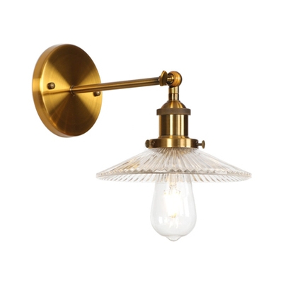 Shallow Round Shade Wall Sconce Industrial Ribbed Glass Single Head Wall Lighting in Brass
