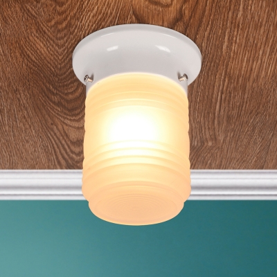 Single Light Cylinder Flush Mount with Ripple Glass Shade Contemporary Ceiling Lamp in White