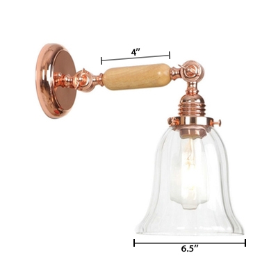 Wood Armed Sconce Light with Bell Shade Modern Single Head Wall Mount Light in Rose Gold
