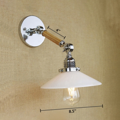 Wood Featured Single Light Industrial Chrome Wall Sconce with White Glass Shade