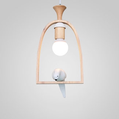 Wooden Loop 1 Head Hanging Light with Pigeon Decoration White Art Deco LED Drop Light for Porch