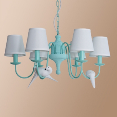 6 Lights Conical Hanging Lamp with Bird Decoration Rustic Style Metallic Chandelier in Aqua