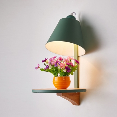 Conical Wall Lamp Contemporary Colorful Metal Wall Light with Wood Base for Corridor Hotel