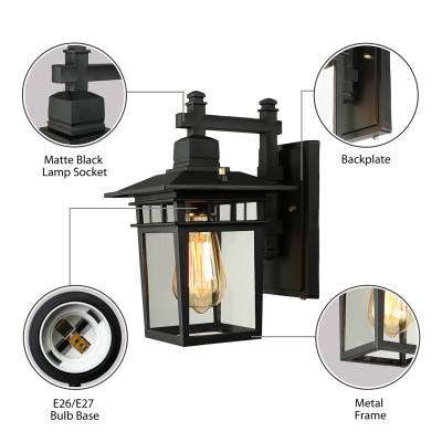 Industrial Vintage Wall Sconce with Clear Glass Shade in Black for Indoor/Outdoor Lighting
