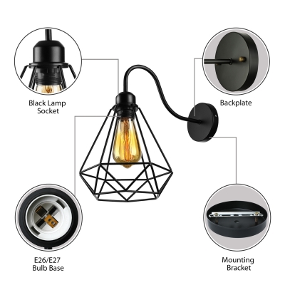 Industrial Wall Sconce with Wrought Iron Diamond Shape Metal Cage Frame