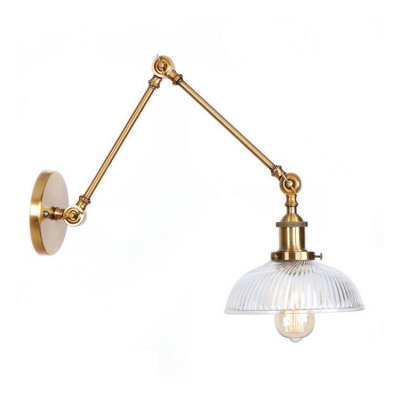Swing Arm Sconce Light with Dome Shade Vintage Ribbed Glass Wall Mount Light in Brass Finish