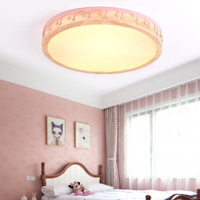 Wooden LED Lighting Fixture with Circular Shade Green/Pink/White/Yellow Flush Mount for Sitting Room