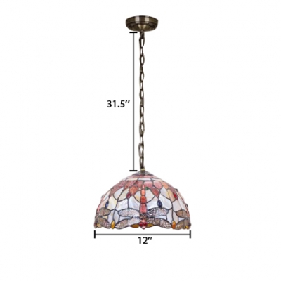 12/16-Inch Wide Three Light Hanging Lamp with Dragonfly Pattern Dome Shaped Glass Shade, Multi-Colored