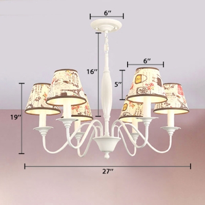 3/6 Lights Curved Arm Chandelier with Tapered Fabric Shade Lodge Style Hanging Lamp in White