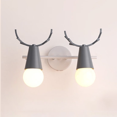 Bare Bulb 2 Heads Sconce Light with Antler Macaron Rotatable Metallic Wall Lamp for Children Room