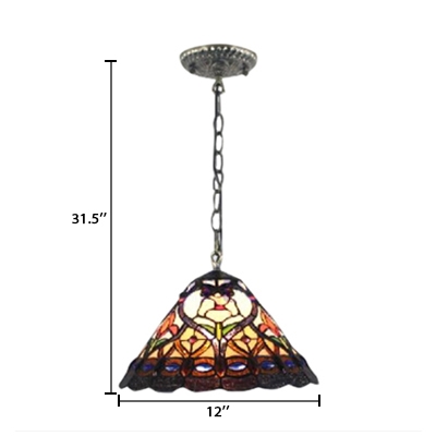 Baroque Pendant Light with 12-Inch Wide Cone Shaped Shade with Tiffany-Style Art Glass