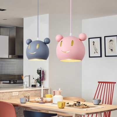 Cartoon Mouse Suspended Light Baby Kids Room Metallic 1 Bulb Pendant Light in Blue/Gray/Pink