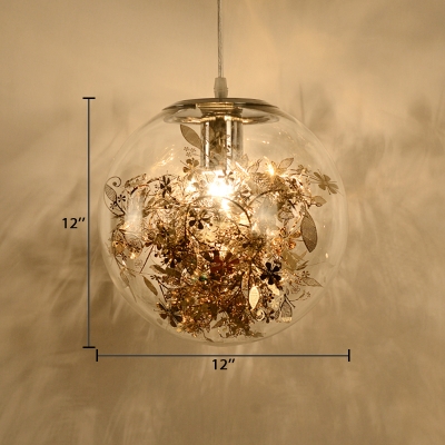 Clear Glass Globe Shade Pendant Lamp with Gold Stainless Flower Decoration Stylish 1 Light Hanging Lamp
