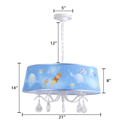 Drum 3/5 Lights Chandelier with Crystal Astronomy&Space White Finish Metal Hanging Lamp for Boys Girls Room