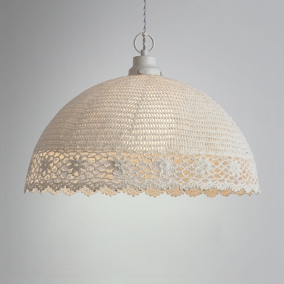Fabric Shade Dome Pendant Light Rustic Style 1 Light Suspension Light in White for Bedroom