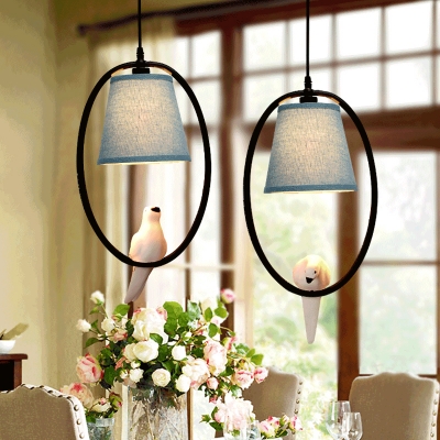 Halo Ring 2 Heads Hanging Light with Blue Fabric Shade Suspended Light for Sitting Room
