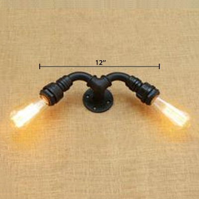 Industrial Bare Bulb Sconce Light Metallic 2 Heads Wall Light Fixture in Black Finish for Hallway