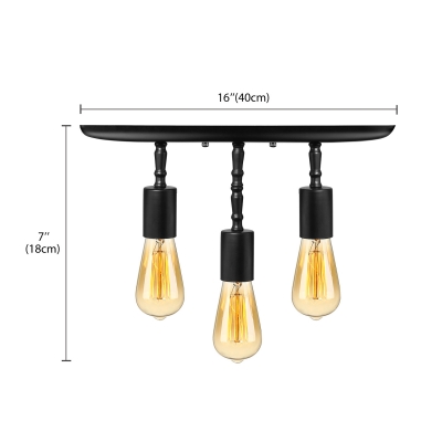 Industrial Vintage Semi-Flush Mount Ceiling Light in Black, Triple Light