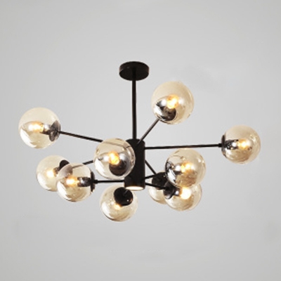 Multi Light Globe Hanging Lamp Designers Style Cognac Glass LED Chandelier in Black
