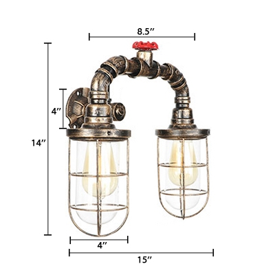 Retro Style Wire Guard Sconce Light Iron 2 Heads Wall Mount Light in Aged Bronze with On/off Switch