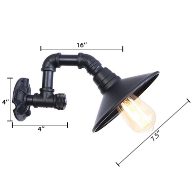 Water Pipe Sconce Light with Railroad Shade Industrial Iron Single Light Wall Mount Fixture in Black