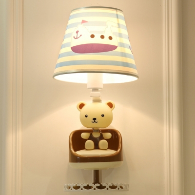 White Finish Strips Design Table Lamp with Cute Bear Fabric Shade 1 Head Standing Table Light for Kids