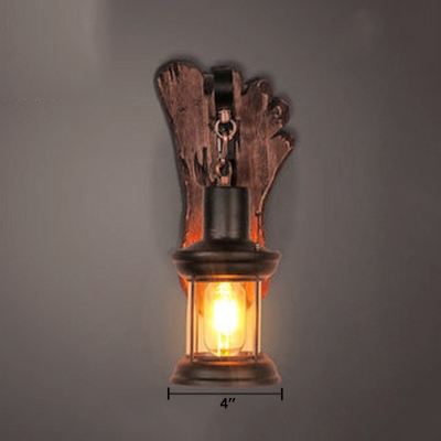 1 Head Caged Small Sconce Light with Footprint Wooden Base Industrial Wall Light Fixture in Rust