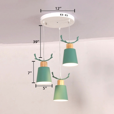 3 Lights Round Canopy Drop Light with Antler Boys Girls Room Metallic Pendant Lamp in Gray/Green