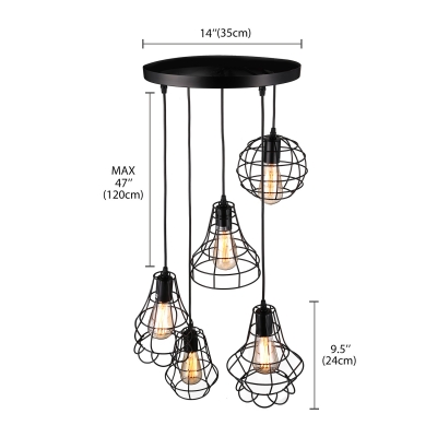 A LOFT Set of LED Multi Light Pendant with Five Iron Cage Bulb Lights