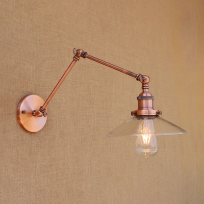 Adjustable 1 Head Flared Wall Lamp Vintage Clear Glass Wall Mount Fixture in Copper for Bedside