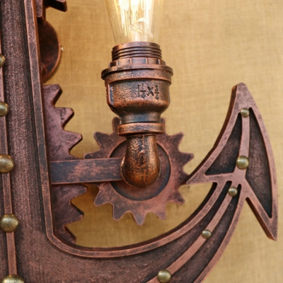 Anchor and Gear Wall Lamp Vintage Industrial Wrought Iron 2 Heads Wall Mount Light in Bronze/Rust