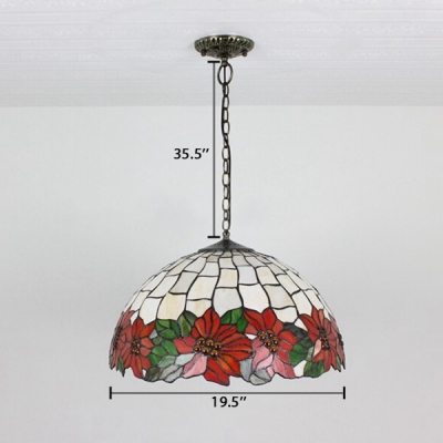 Antique Art Hanging Pendant with Floral Pattern Dome Glass Shade in Multicolored Finish, Tiffany Style, 2-Light