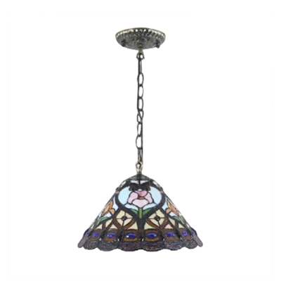 Baroque Pendant Light with 12-Inch Wide Cone Shaped Shade with Tiffany-Style Art Glass