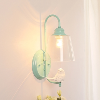 Clear Glass Cone Sconce Light with Bird American Retro Single Head Lighting Fixture in Green